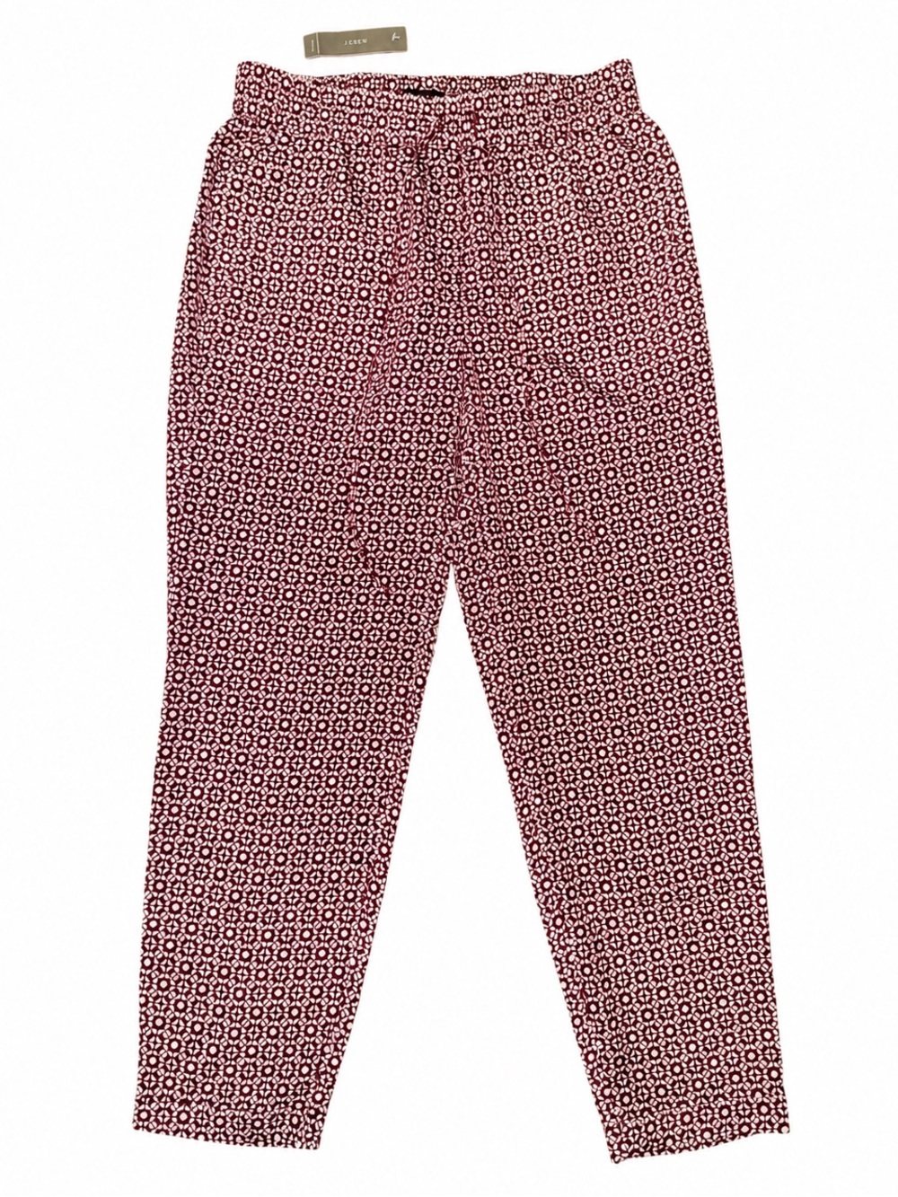 J.Crew NWT Printed Drawstring Pants Size 0 Burgundy White Pull On Tapered